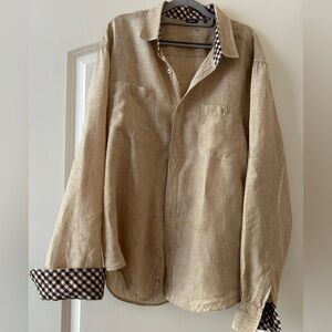Bohio Tan Button-Up Women’s button up Linen Shirt Checkered Cuffs Sz XL
